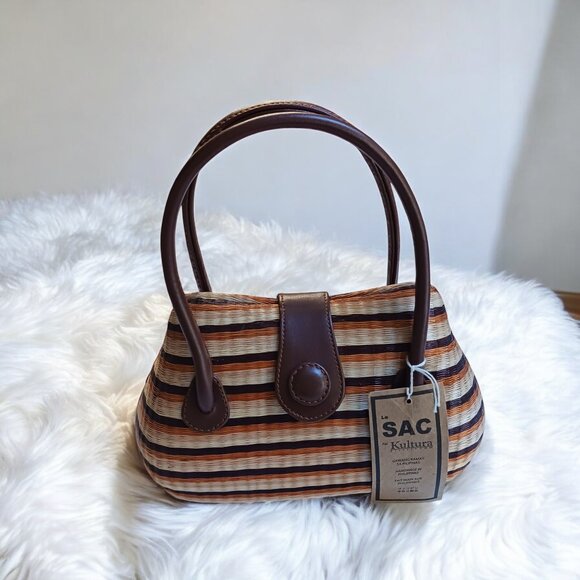 Le Sac for Kultura Structured Woven Straw Handbag Velvet Lined Top Handle NWT - Picture 3 of 11